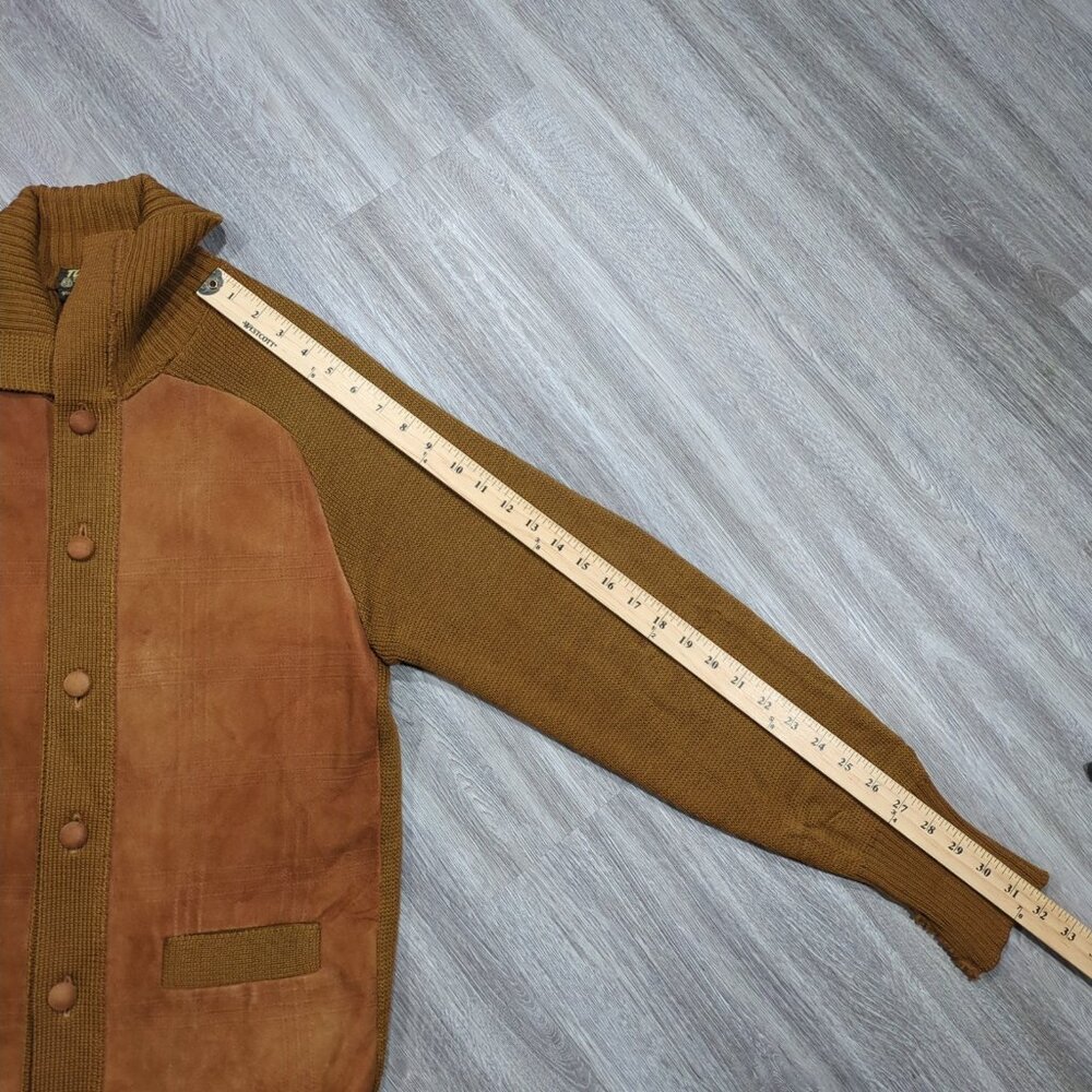 Vintage Tundra Cardigan Sweater Men's Medium Brown Knit Suede Elbow Patches 80s - Picture 16 of 16